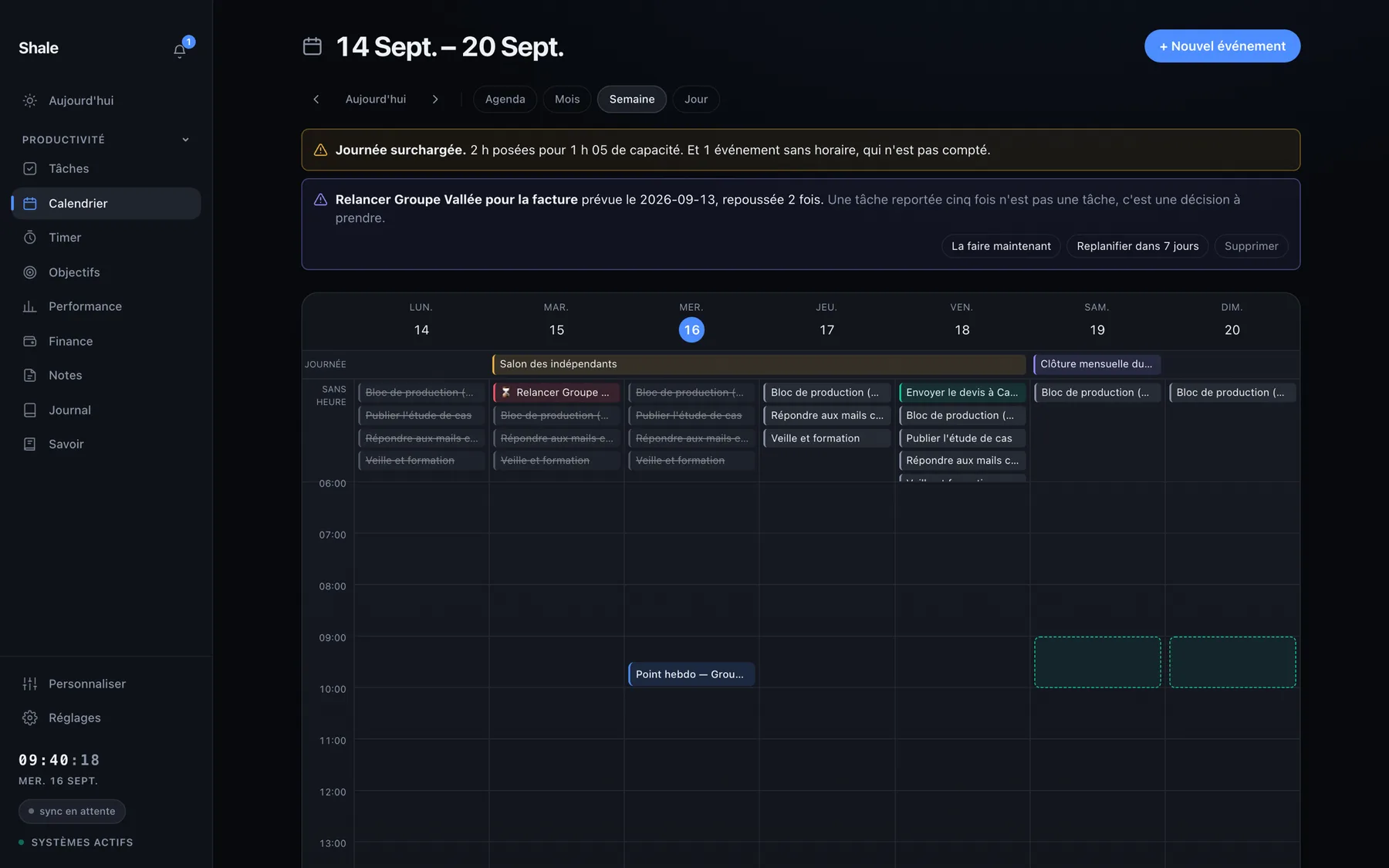 Le module Calendrier dans l'application Shale.