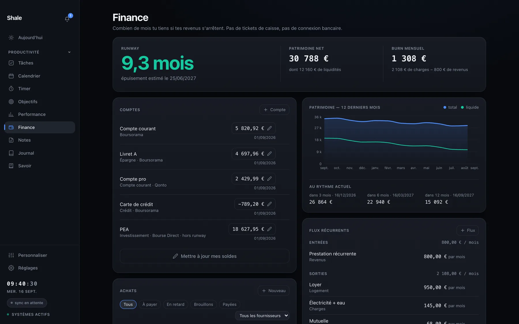 Le module Finance dans l'application Shale.