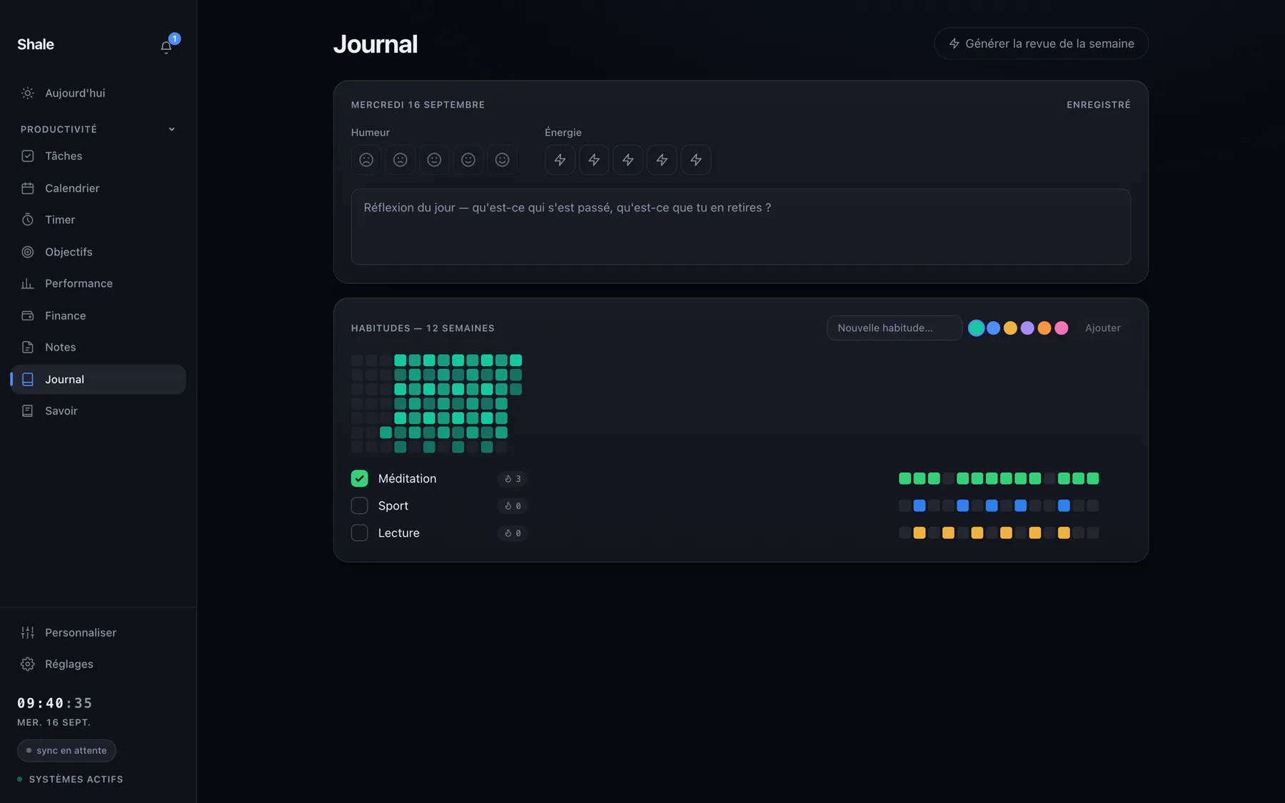 Le journal de Shale, rempli automatiquement par les autres modules.