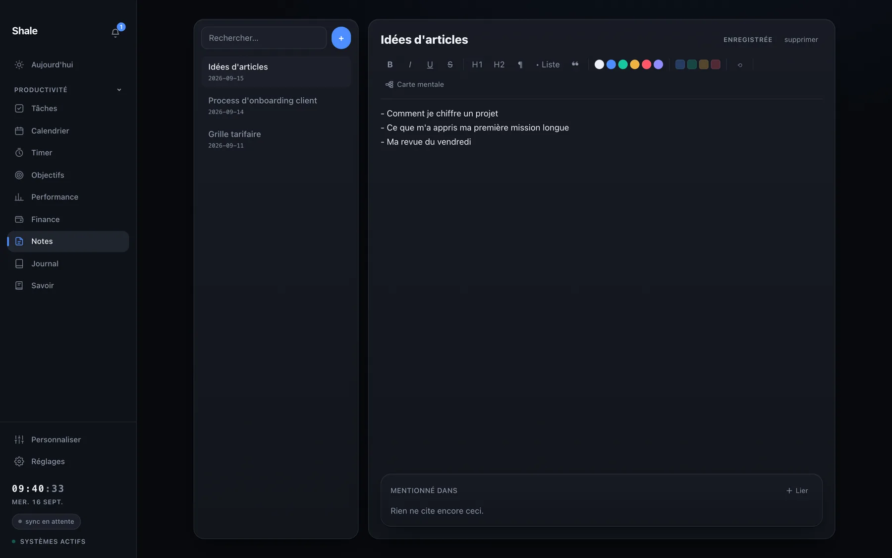 Le module Notes dans l'application Shale.