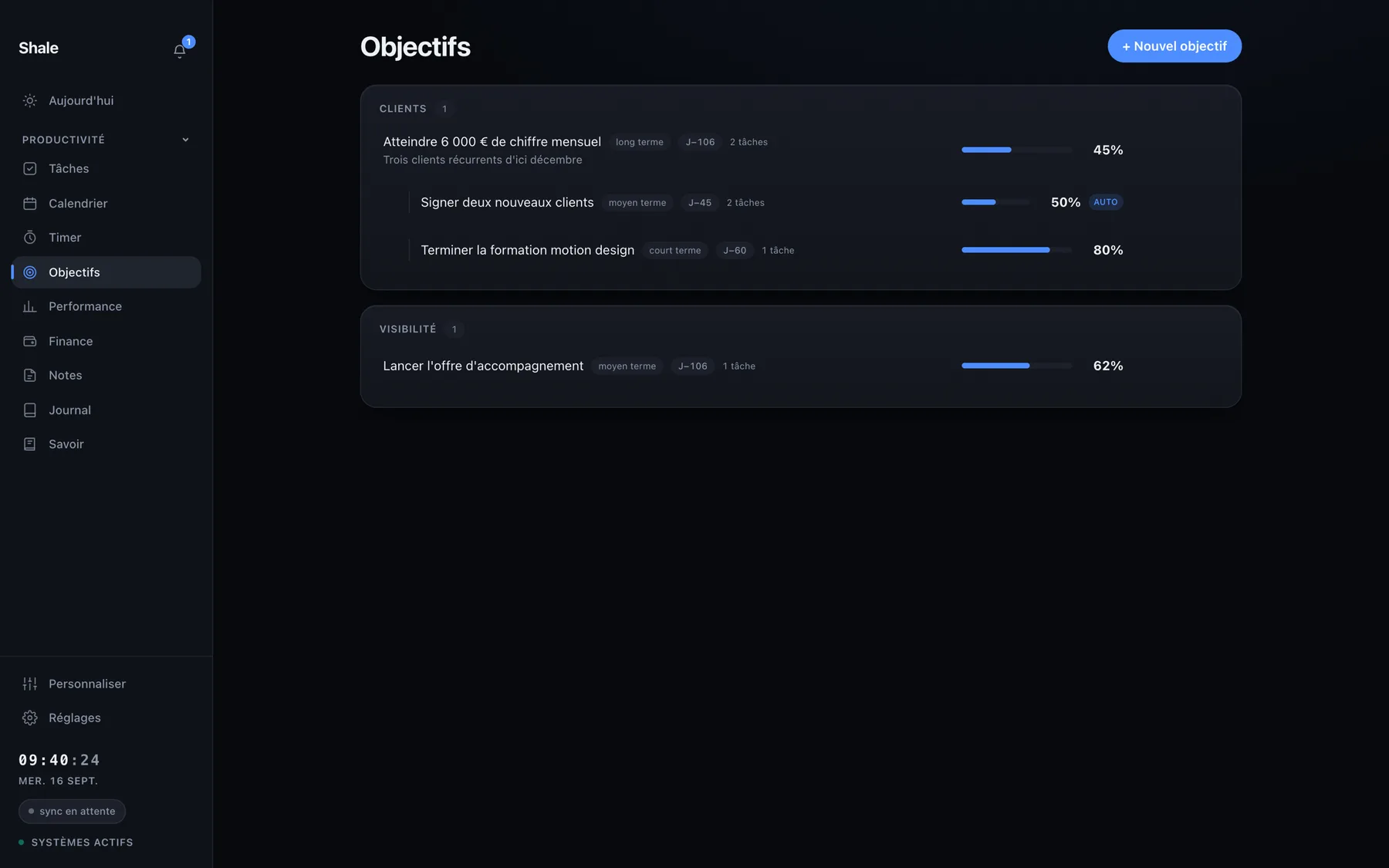 Le module Objectifs dans l'application Shale.