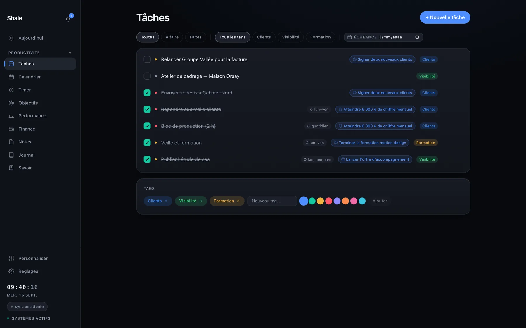 Le module Tâches dans l'application Shale.