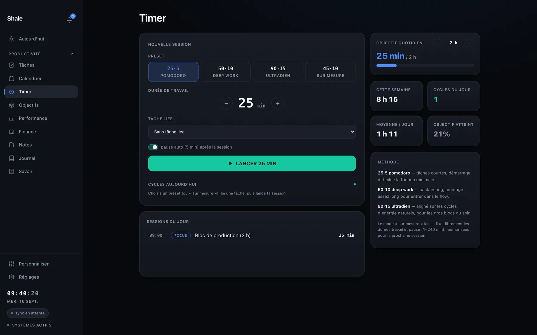Le module Timer dans l'application Shale.